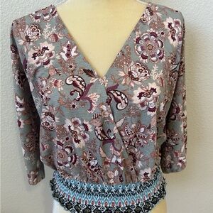 NWT Melloday Multicolor Floral Paisley Blouse Top Sage Green. Pinks, Rust SZ M